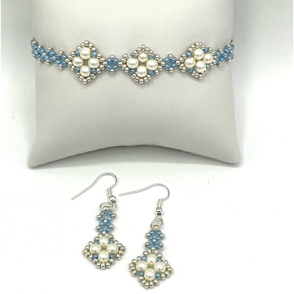 Hand Crafted Jewelry - HAND CRAFTED Dainty Bracelet and Earrings Set White Pearl and Baby Blue